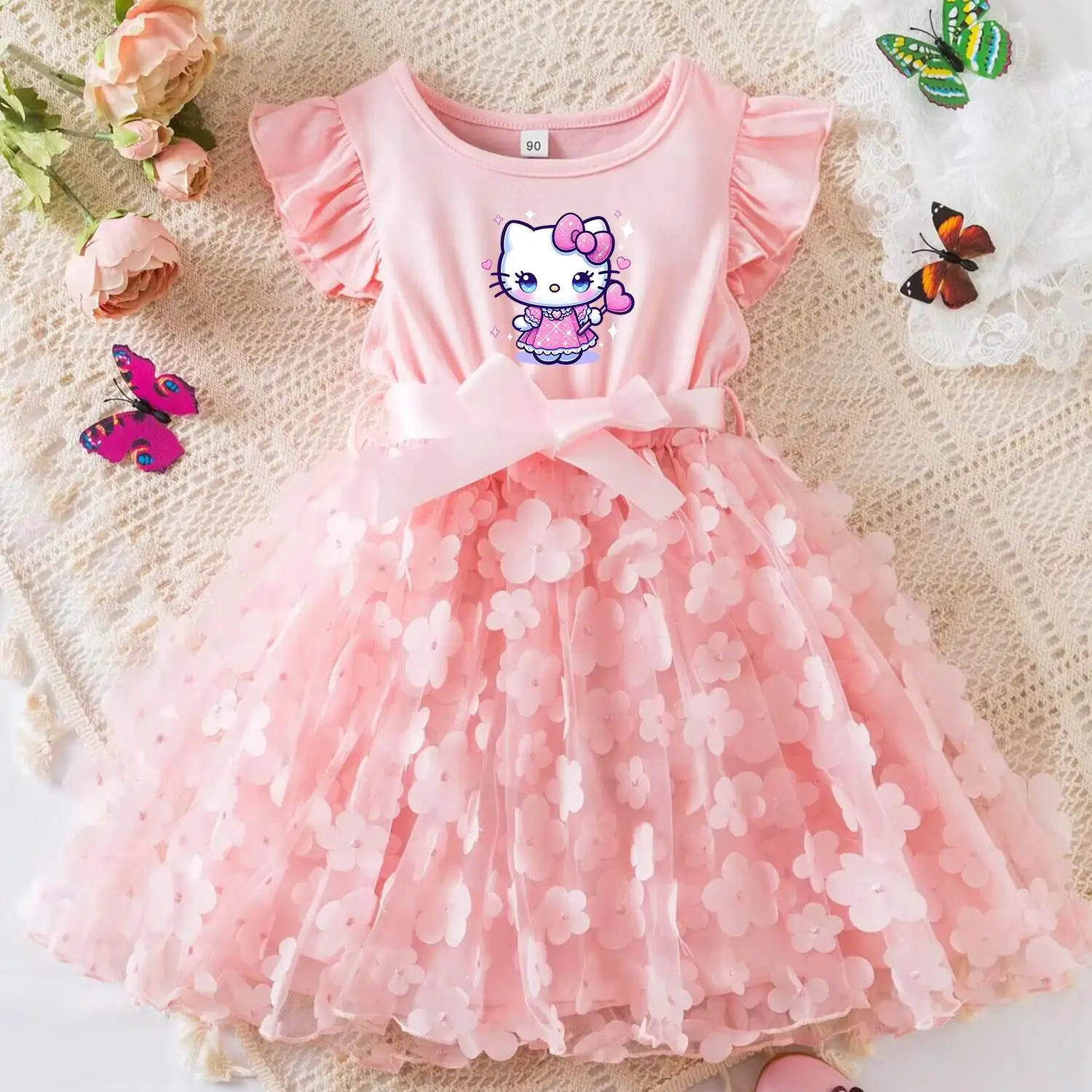 Hello Kitty Girls Tulle Flower Princess Dress | Wedding & Party Tutu Dress | Sleeveless Birthday Gift Outfit