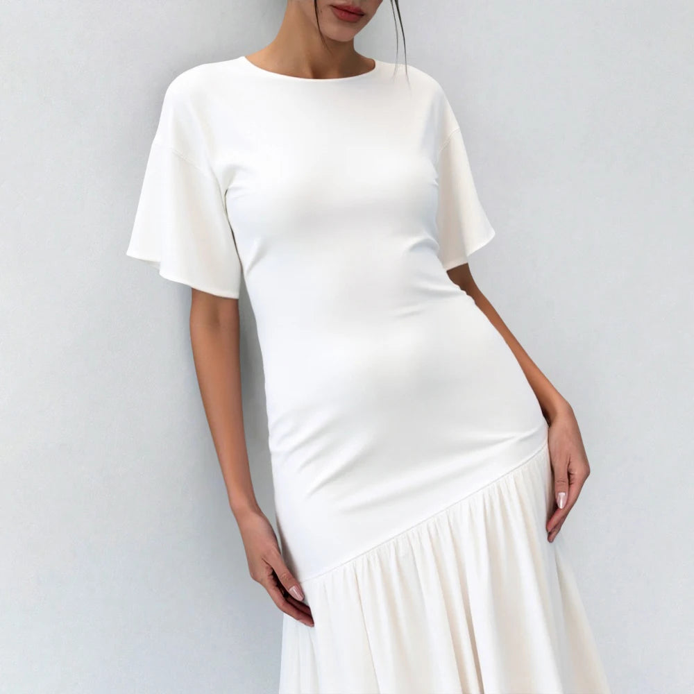 2025 Women's Evening Dress 👗 Must-Have White Maxi Gown 🌟 Short Sleeve Round Neck Lettuce Trim Elegant Party Dress ✨