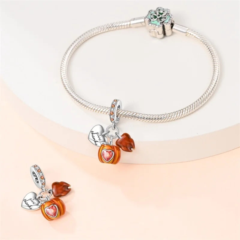 925 Sterling Silver Squirrel & Maple Leaf Charm | Shiny Zircon Autumn Beads Fit Pandora Bracelet DIY Jewelry