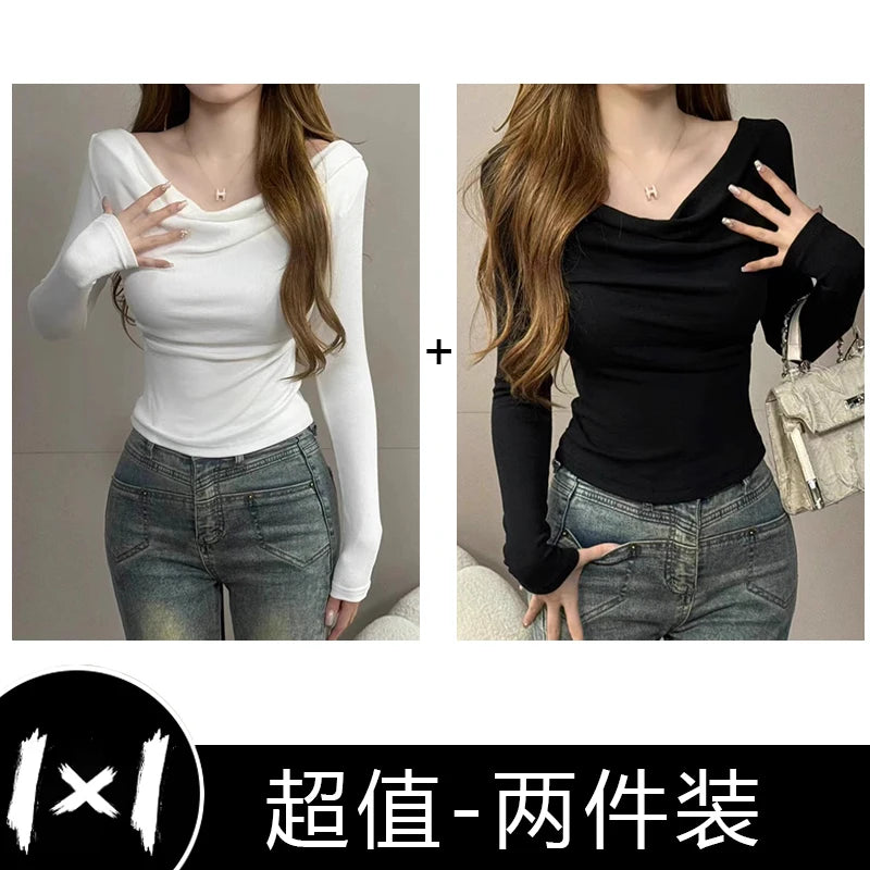 Spicy Girl One-Shoulder Long Sleeve T-Shirt for Women – Slim Fit Knitted Cotton Inner & Outer Wear Top | INS Youth Commute Style