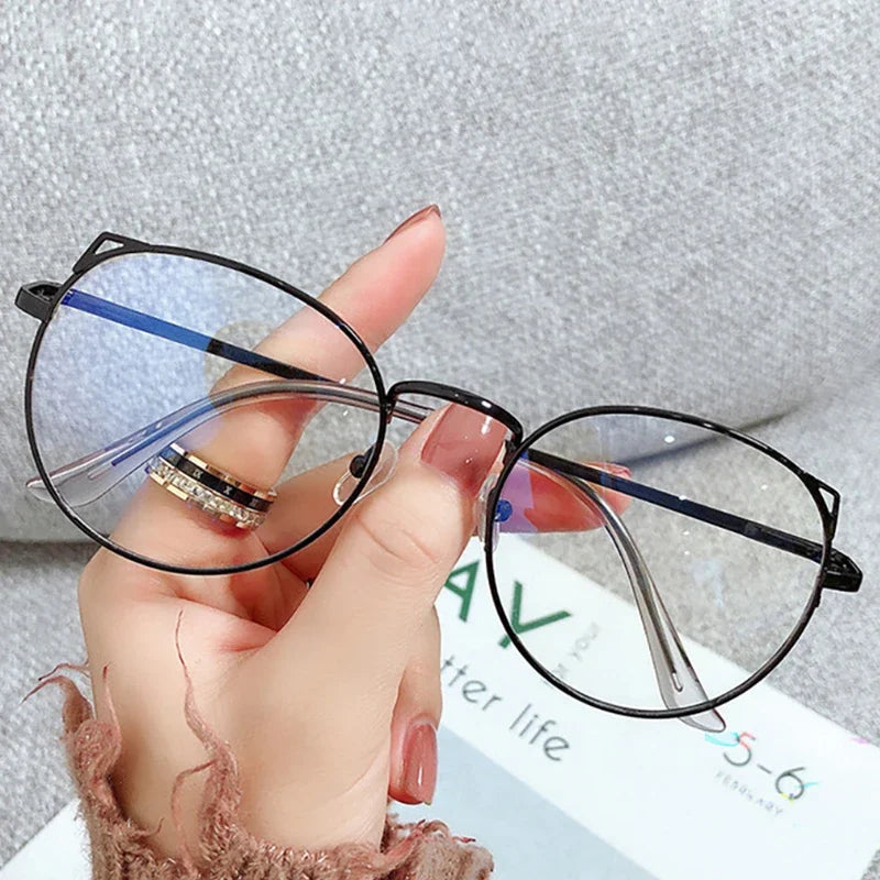 Fashion Anti Blue Light Glasses for Women – Thin Alloy Metal Cat Ear Round Frame | Computer Eye Protection Spectacles