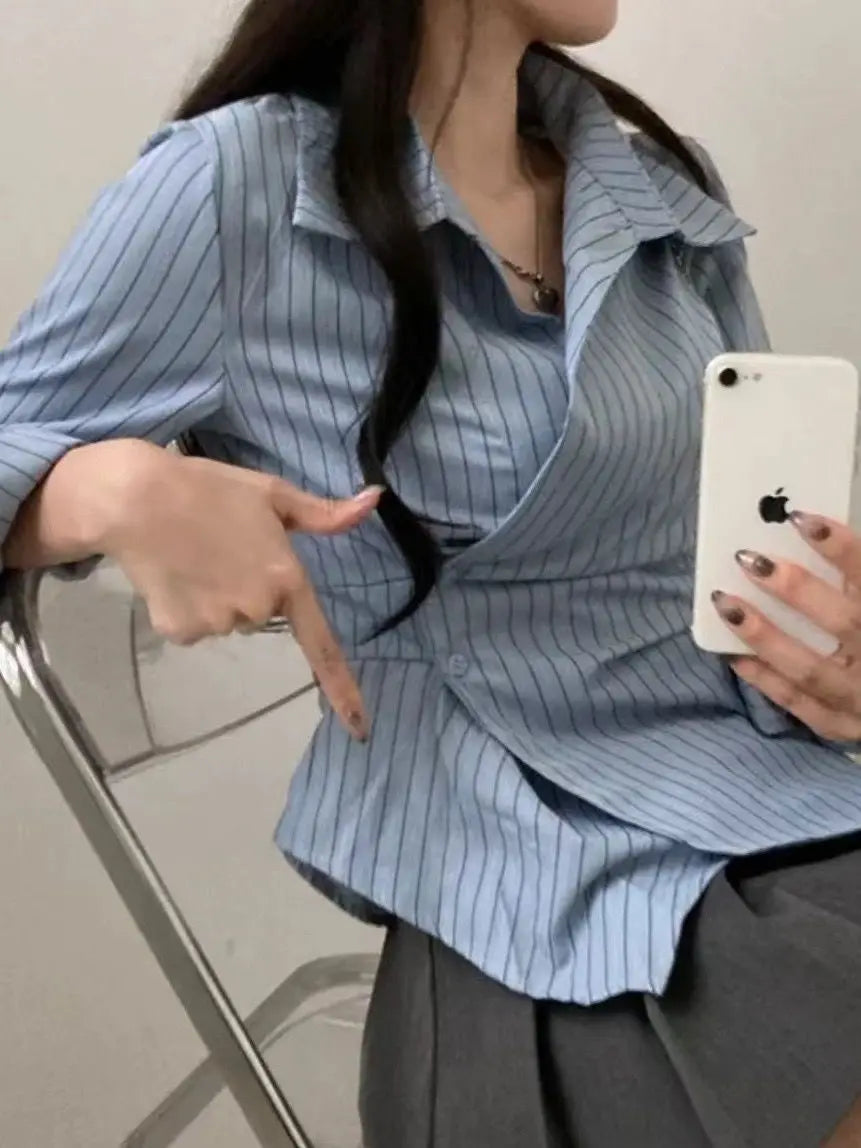 ✨ Slimming Effect White Asymmetrical Long Sleeve Top 👚 Waist-Cinching French Style Loose Fit 🌸 Women’s Premium Spring & Autumn Fashion