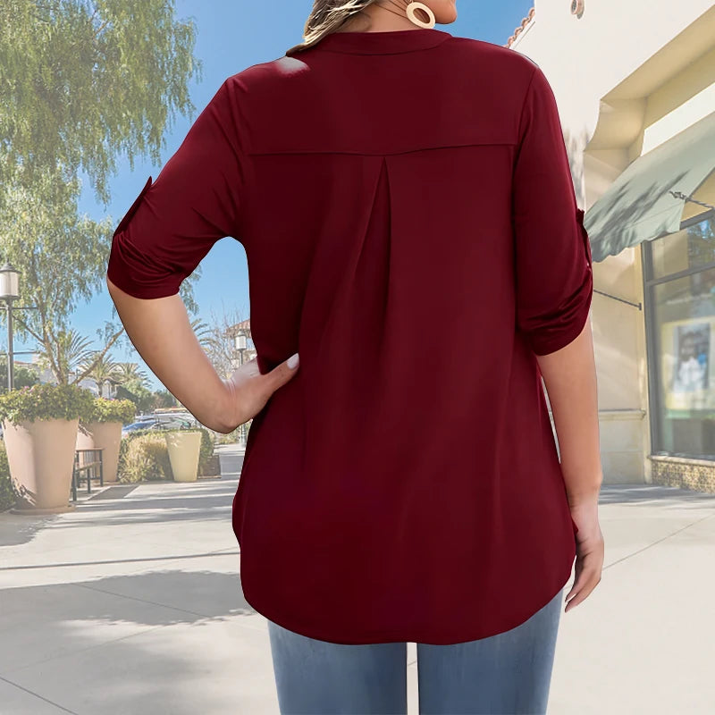2025 Women’s Plus Size Summer Blouse – Casual V-Neck Button-Front Loose Fit Short Sleeve Top