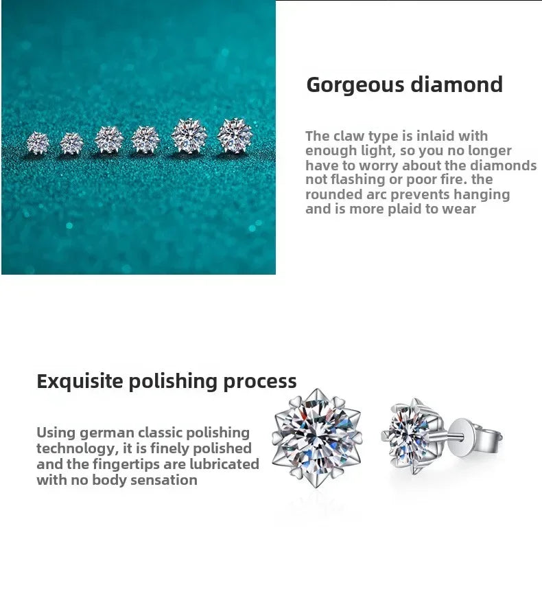 925 Sterling Silver Certified Moissanite Heart Snowflake Earrings | Six Claw Studs for Women | Elegant Piercing Jewelry Gift