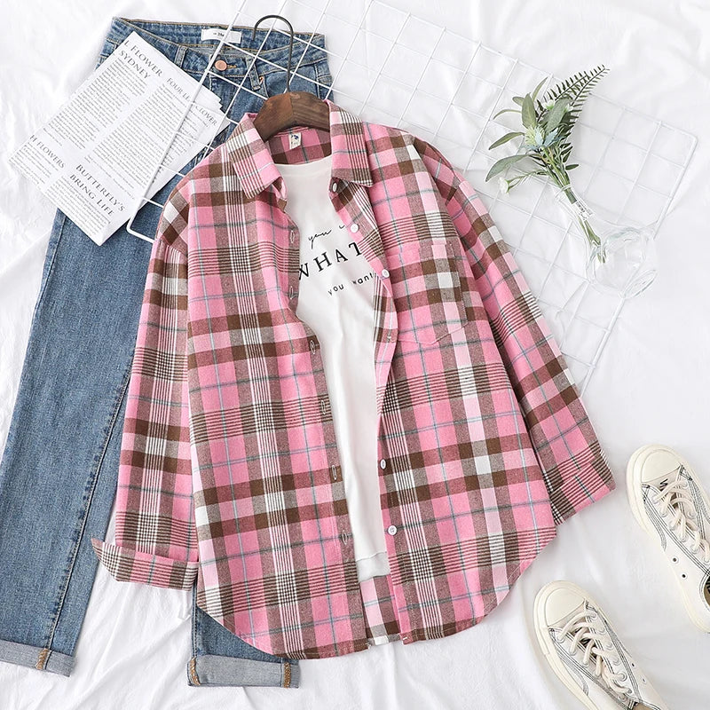 Fresh Flannel Plaid Shirt for Women | 2025 Loose Cotton Long Sleeve Casual Blouse & Top
