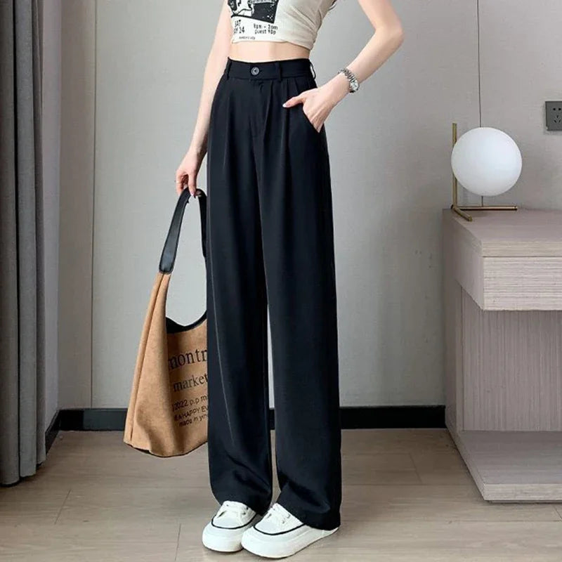 Women’s Classic Straight-Leg Suit Pants | Korean Casual Baggy Slacks | Elegant Long Trousers for Ladies