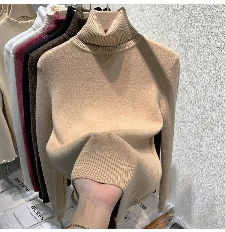 2025 Women’s High Collar Pullover Sweater – Thick Warm Soft Winter Top | Solid Color Bottoming Shirt