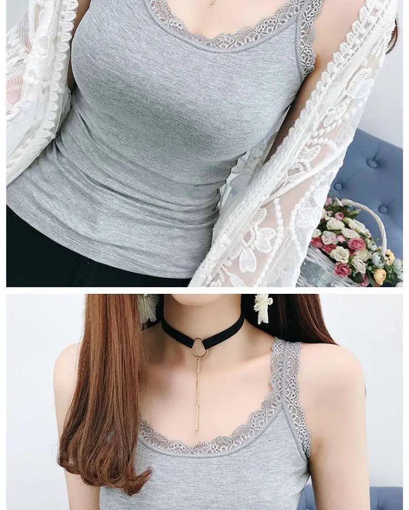 White & Black Lace Trim V-Neck Camisole | Plus Size Slim Crop Tank Top Sleep Vest