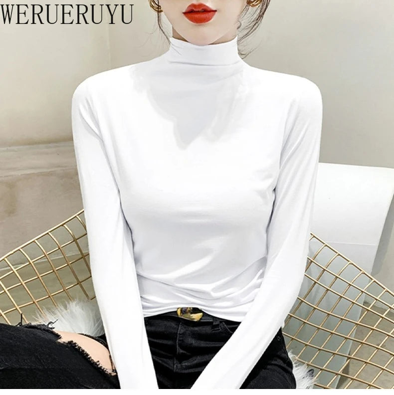 2024 Women’s Black Turtleneck Long Sleeve T-Shirt | Elegant Modal Y2K Korean Fashion Top for Autumn & Winter