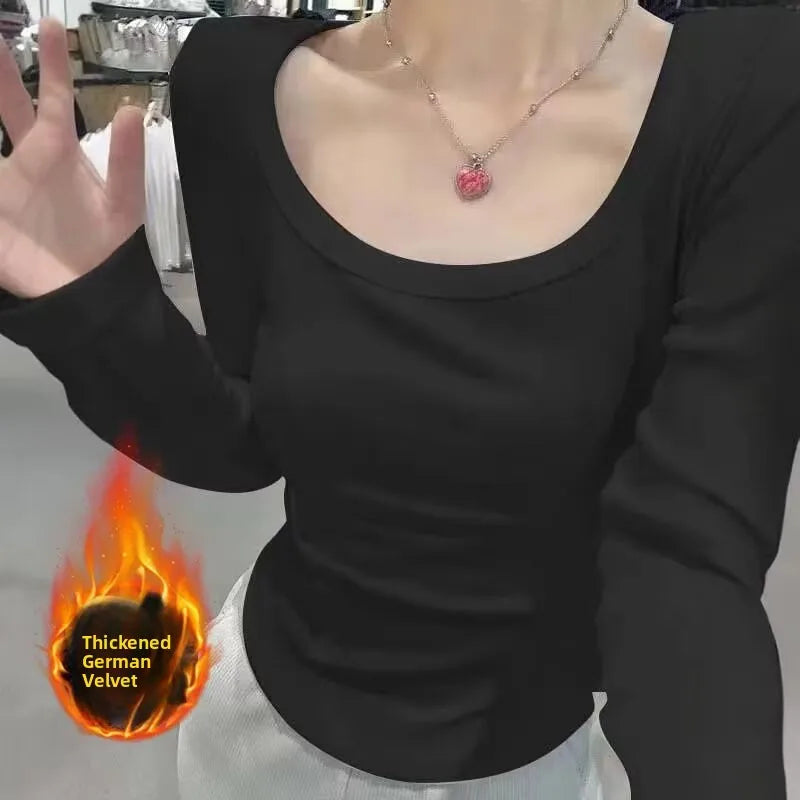 Women’s Long Sleeve Fleece-Lined Slim Fit Base Layer Top – Warm Velvet Thinned T-Shirt for Autumn Winter Workwear