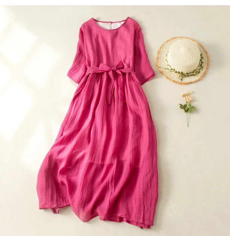 Women’s Summer Lightweight Cotton Dress – Long Sleeve Loose Waist A-Line Retro Dress with Belted Splice