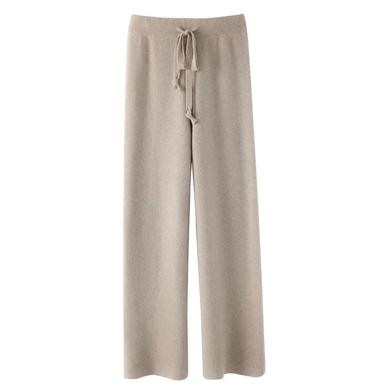 Elegant Women’s High Waist Wide-Leg Pants – Baggy Straight Knitted Trousers with Pockets