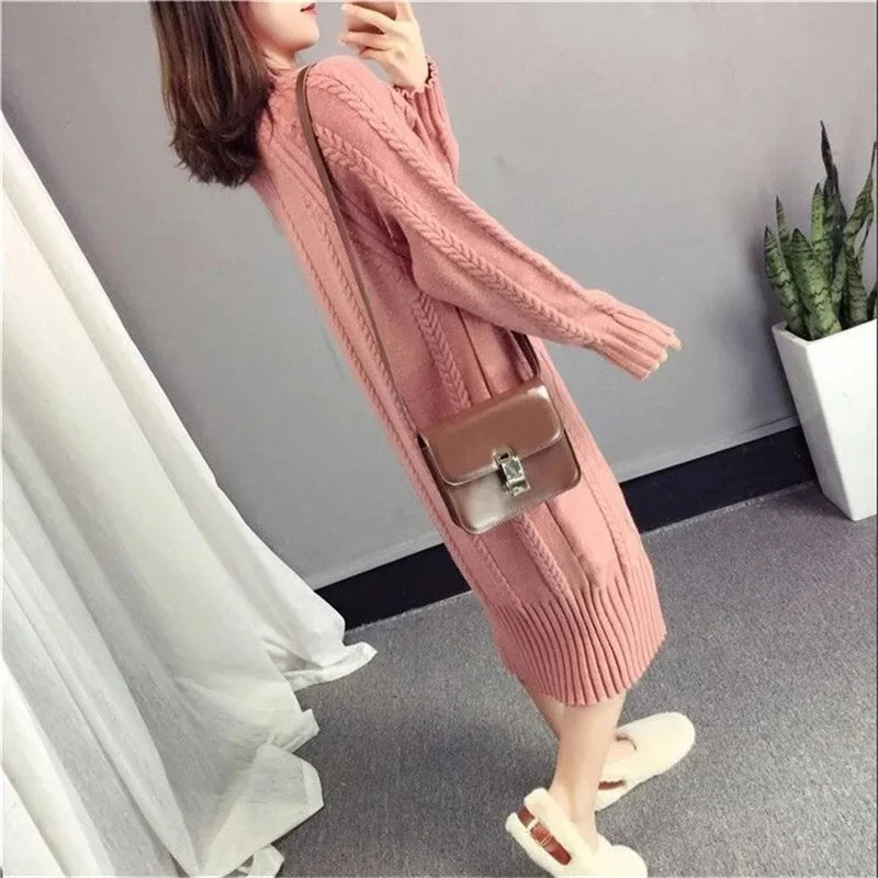 Khaki Thickened Half High Neck Sweater Dress for Women – Autumn Winter 2023 Korean Fashion Loose Thin Knit Long Dress