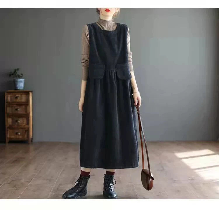 Artistic Corduroy Overall Dress for Women – H-Line Casual Wear, Medium Stretch Comfortable Autumn Season Single Piece