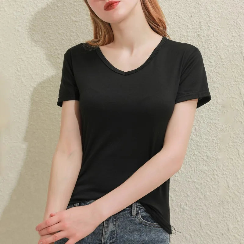 Spring Summer Women V-Neck T-Shirt – Slim Fit Short Sleeve Casual Solid Black & White Ladies Tee Tops