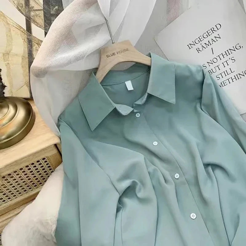 Women’s Chiffon White Shirt – Korean Fashion Loose Long Sleeve Elegant Office Blouse 🤍✨