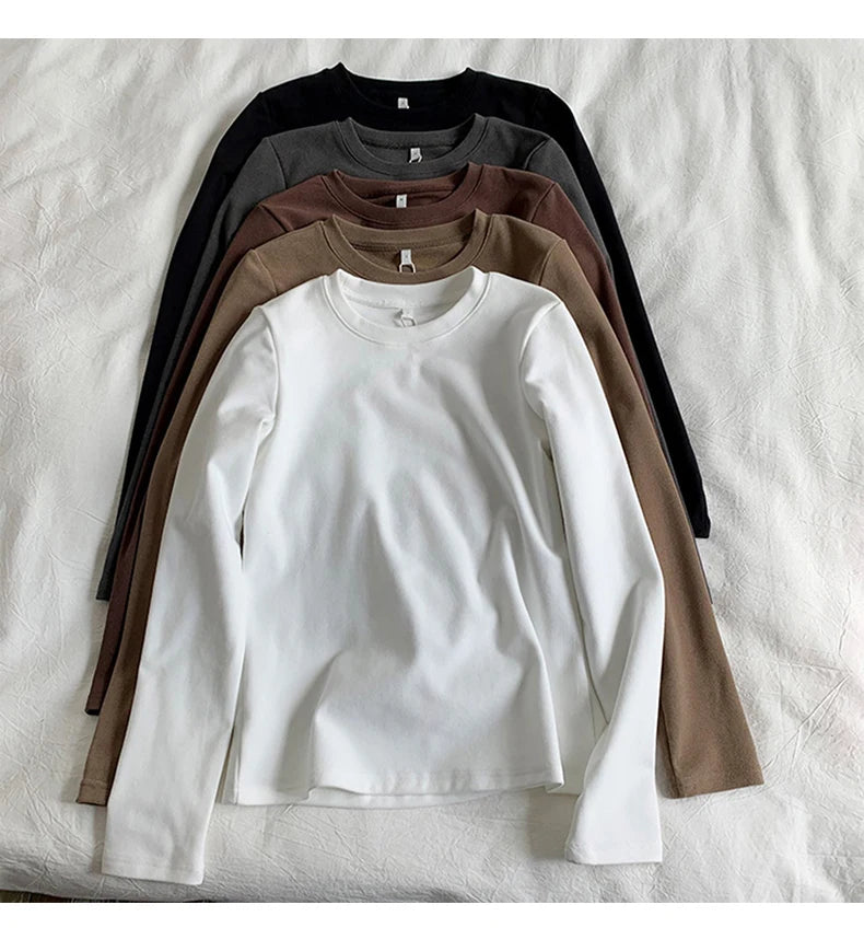 Women's Thermal Long Sleeve T-Shirt | Fleece-Lined Round Neck Top | Autumn Winter Fashionable Inner Wear