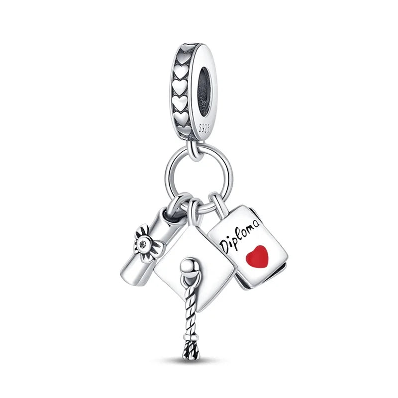 925 Sterling Silver Graduation Charms – Colored Bachelor’s Hat & Flower Beads Fit 4MM Bracelets Jewelry Gift