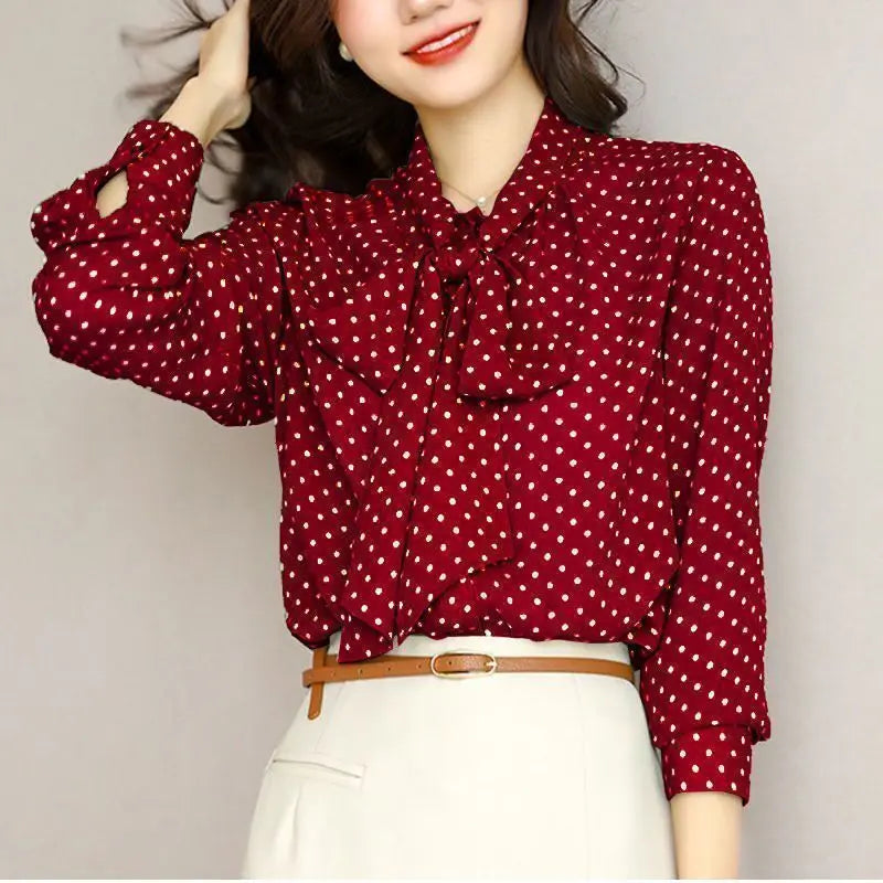 Spring Autumn Women’s Shawl Collar Long Sleeve Blouse – Bow Polka Dot Print Elegant Thin Shirt 🌸✨