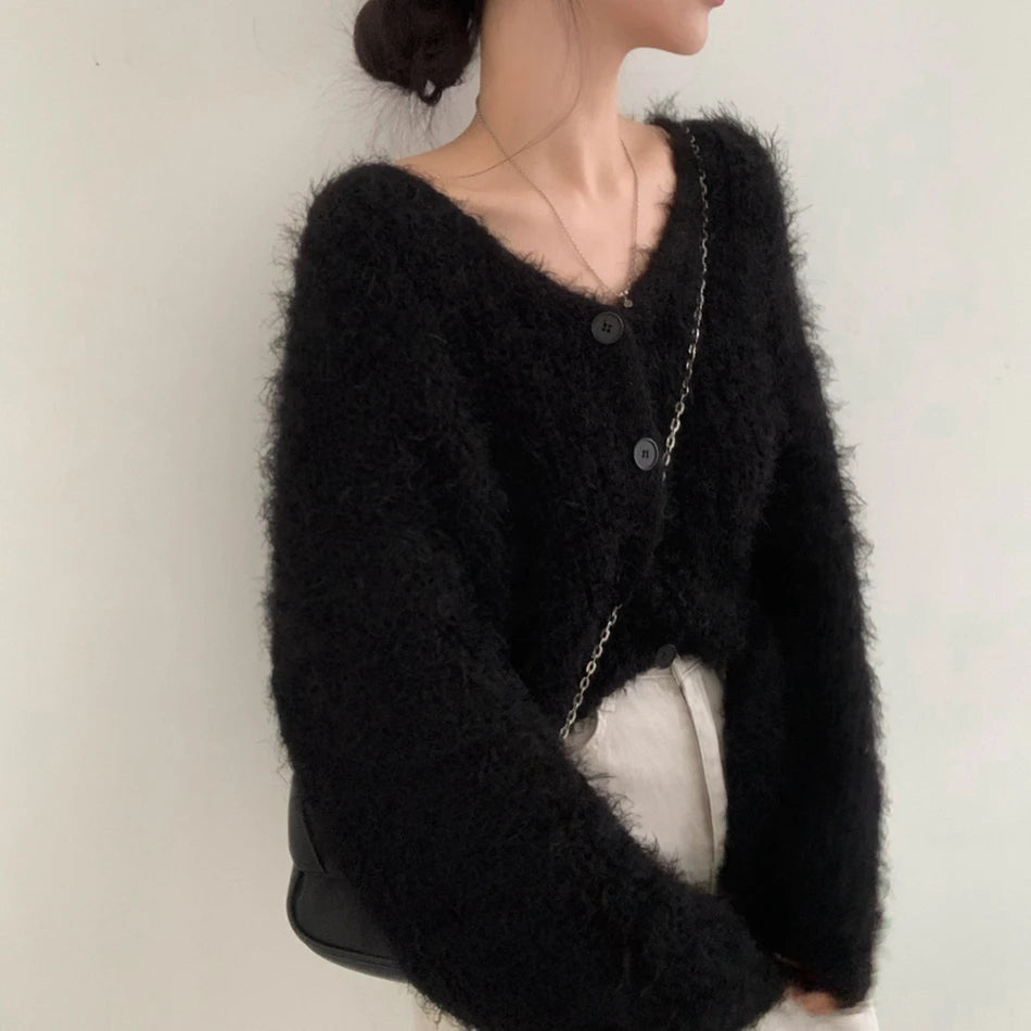 Chic V-Neck Knitted Sweater Coat for Women 🧥✨ Faux Fur Lazy Style Cardigan 💖 Autumn Winter Fashion Outerwear