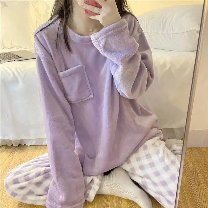 ❄️ Fleece Thick Warm Women’s Pajamas Set 🛌 Soft Winter Sleepwear | Cozy Solid Top & Plaid Pants Pijamas Home Suit ❤️