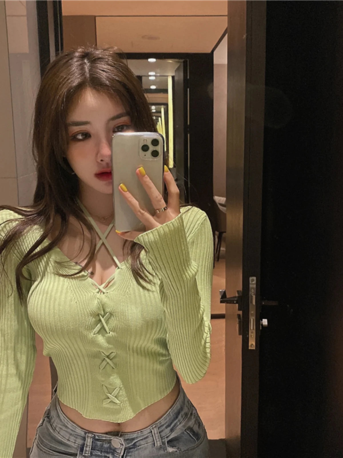 Trendy Short Knitted Sweater for Women | Slim Fit V-Neck Long Sleeve Top | Spring 2025 Spicy Girl Fashion