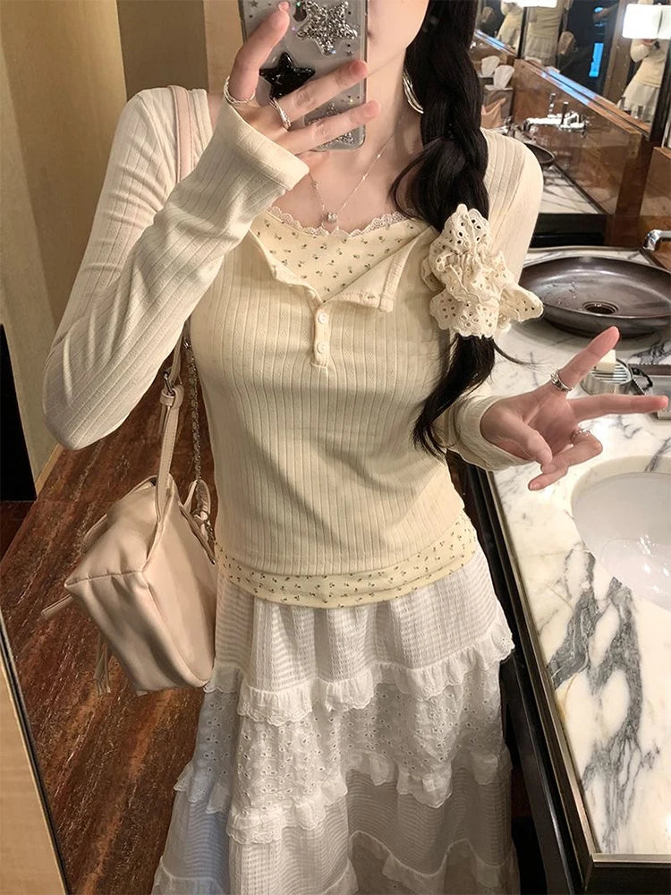 2025 Women’s Floral Patchwork Long Sleeve T-Shirt | False Two-Piece Lace Slimming Top | Korean Fashion