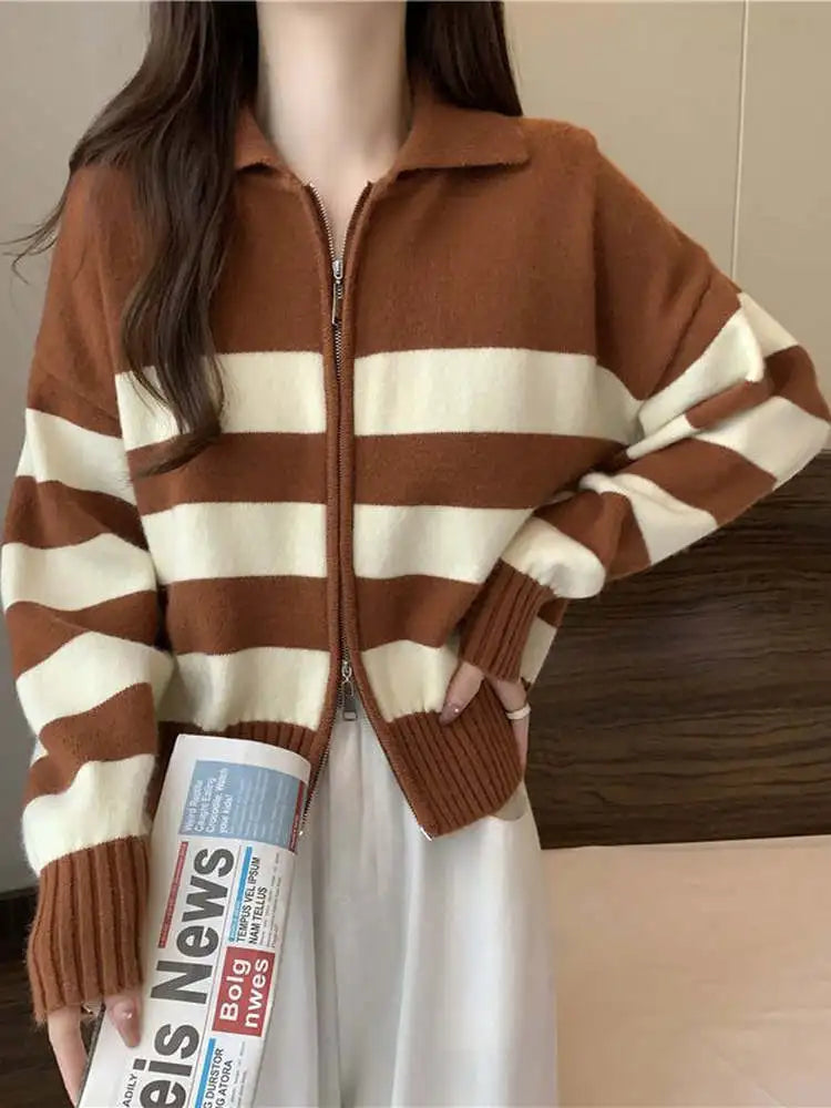 🔥 Retro American Spicy Long Sleeve Sweater for Women 🍂 Winter Loose Fit Knit Top | Unique Stripe Lazy Style Pullover ❄️