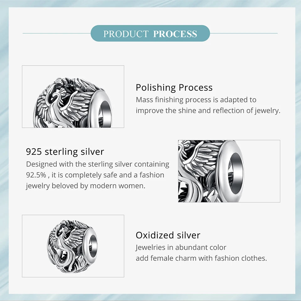 BAMOER 925 Sterling Silver Phoenix & Dragon Charm | Retro Hollow Round Bead | Fits Original Bracelet DIY Jewelry Accessories