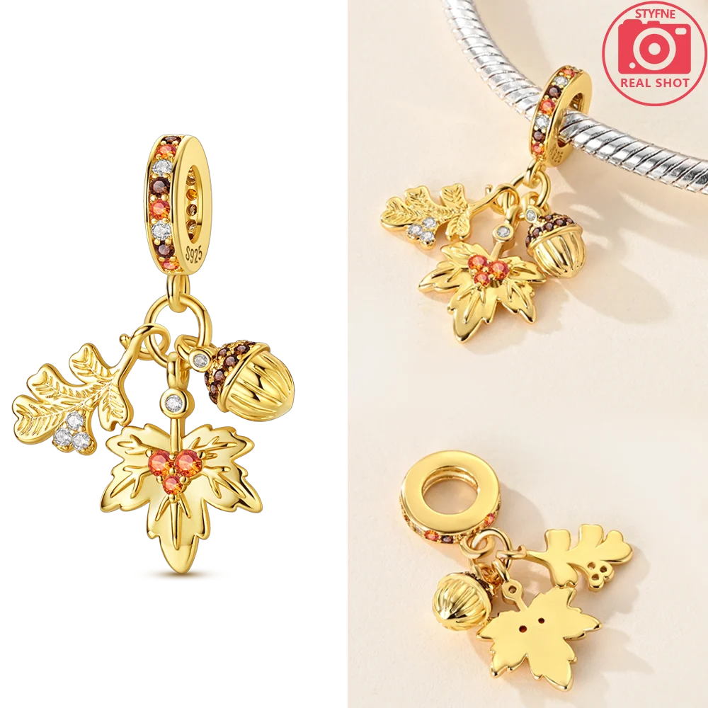 925 Sterling Silver Gold Butterfly Maple Leaf Heart Charms | Fit Original Bracelet Women DIY Jewelry Gift