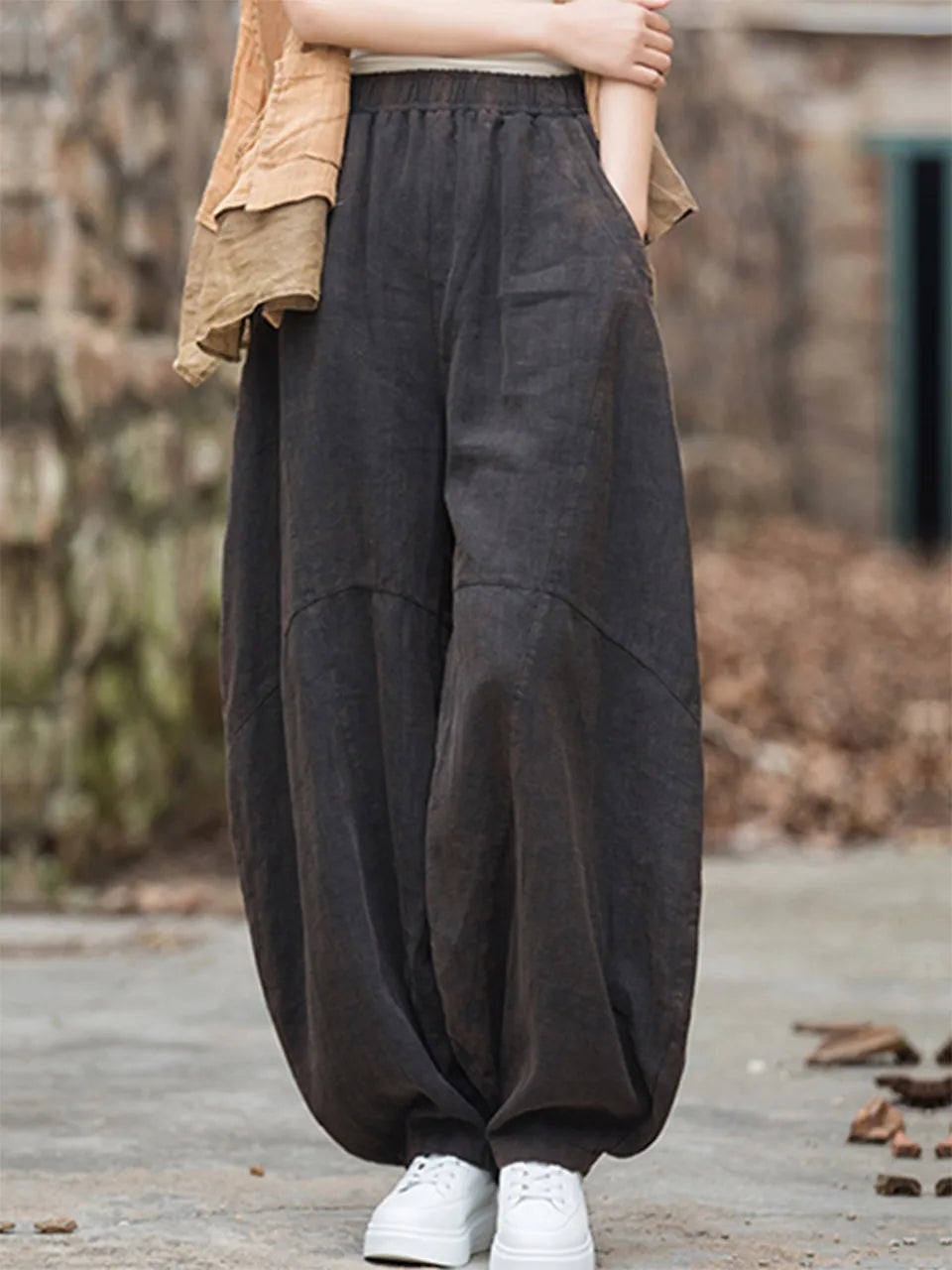 Elegant Women’s Cotton Linen Baggy Cargo Pants – Vintage Elastic Waist Wide-Leg Casual Trousers