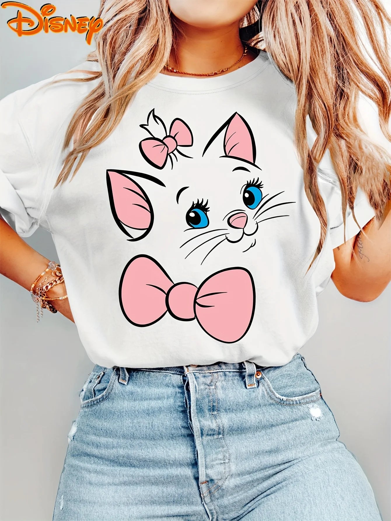 Women’s Disney Marie Cat & Pink Bow T-Shirt – Men Cotton Oversize O-Neck Casual Tee