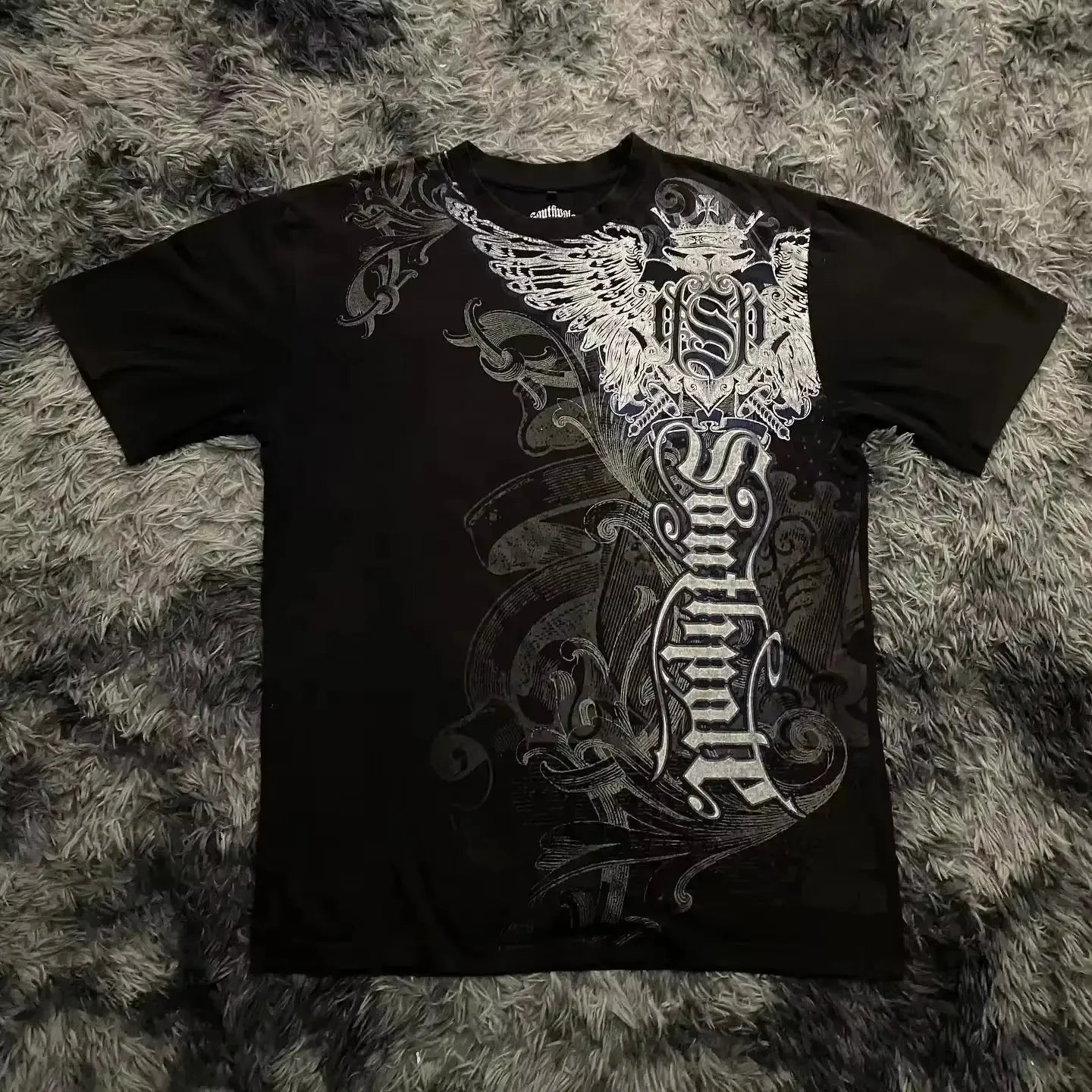 Vintage Avirex Black Short Sleeve T-Shirt | Rhinestone Double-Sided Print Retro Streetwear Top