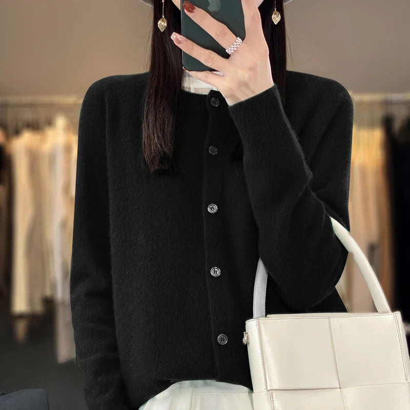 Women’s 100% Pure Wool Loose Cardigan – Autumn Winter Round Neck Solid Color Top 🍂🧶