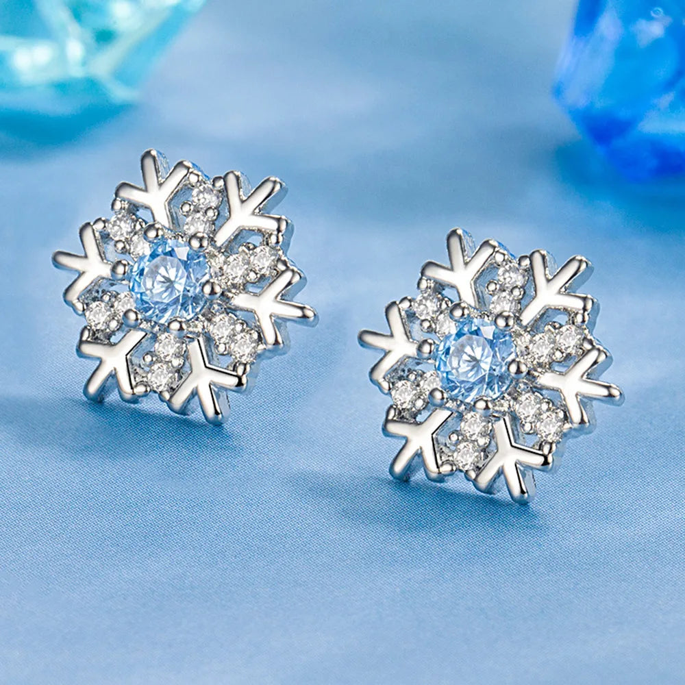 925 Sterling Silver Blue Zircon Snowflake Earrings for Women – Christmas Charm Jewelry Gift