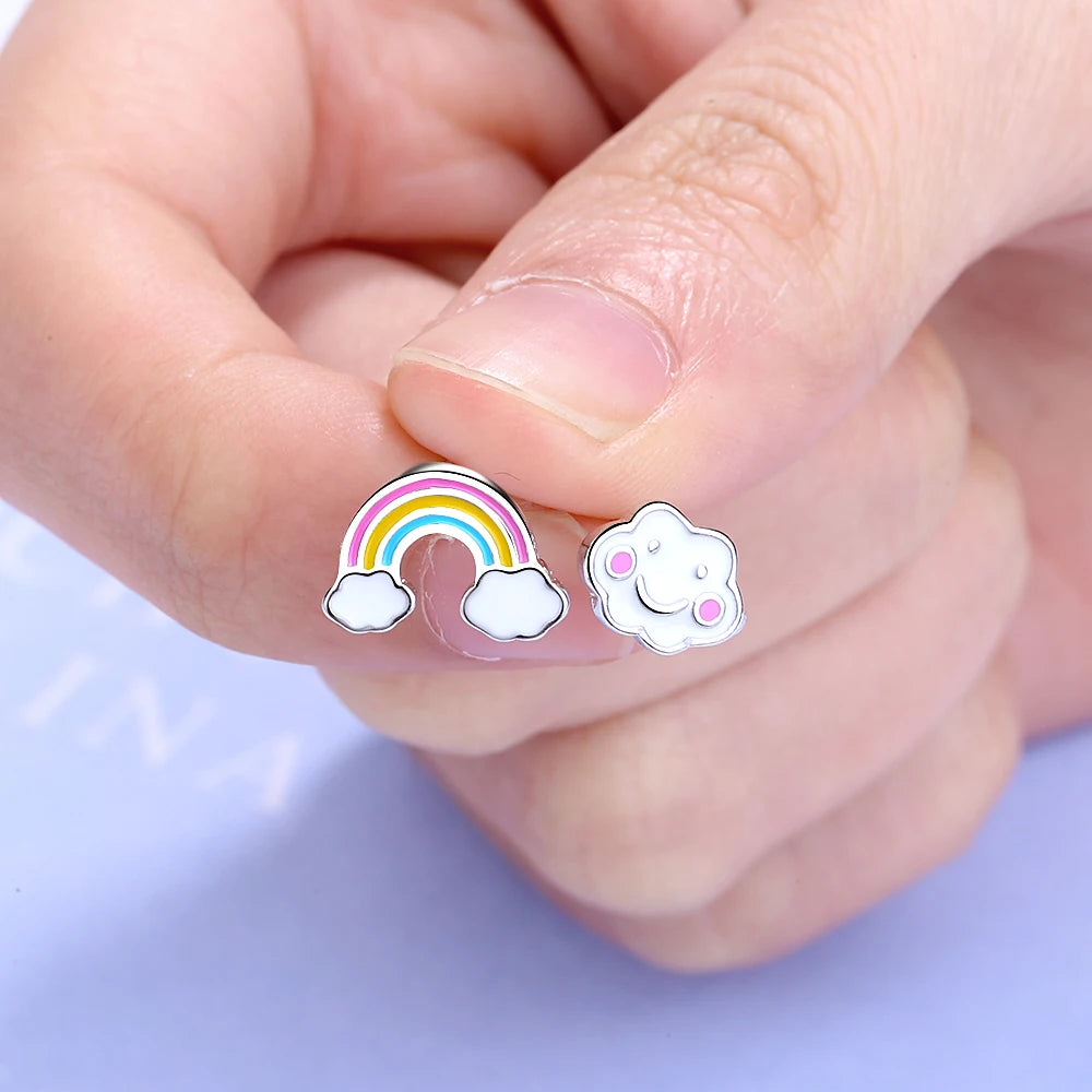 Real Pure 925 Sterling Silver Rainbow Stud Earrings for Women & Girls – Cute Korean Japanese Style
