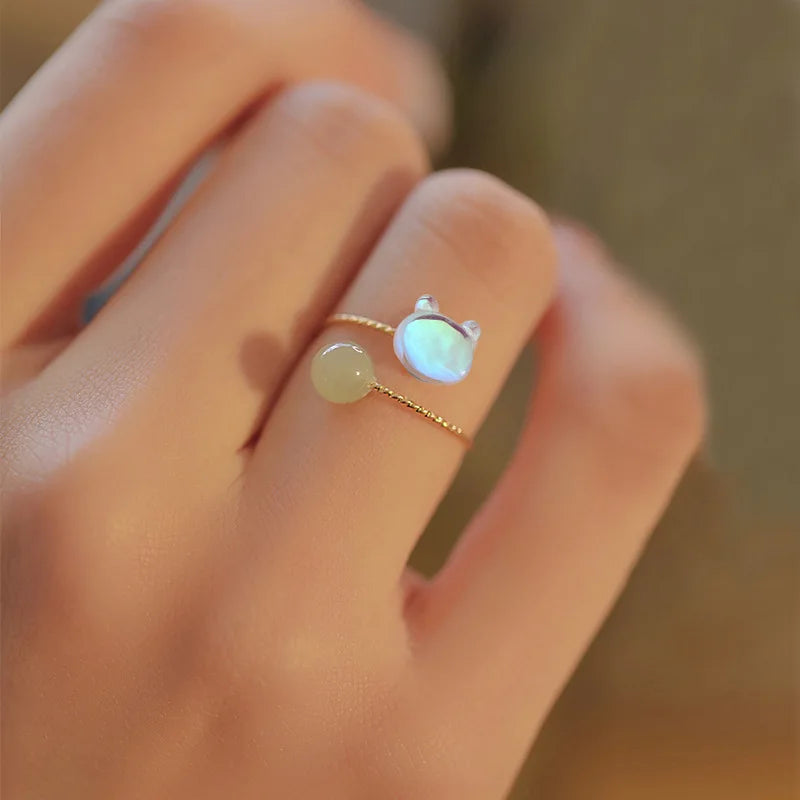 PANJBJ 925 Sterling Silver Hotan Jade Geometric Adjustable Ring | Retro Delicate Jewelry Gift for Women