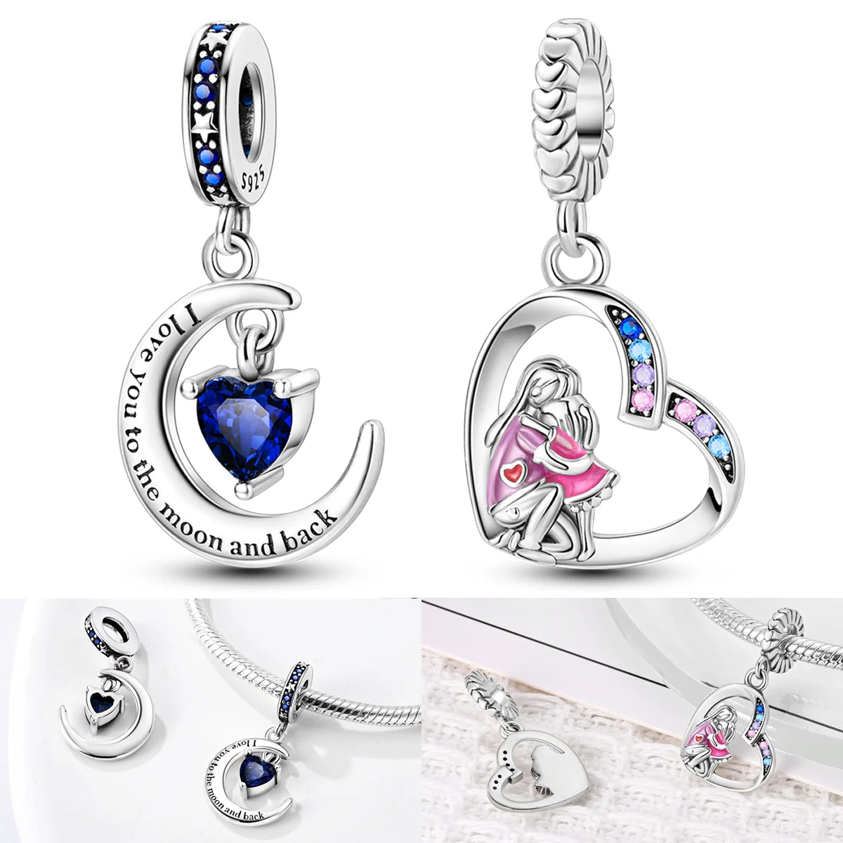 925 Sterling Silver Embrace of Love Moon Heart Charm | CZ Zircon Dangle Bead Fit Original Bracelet Women Jewelry Gift