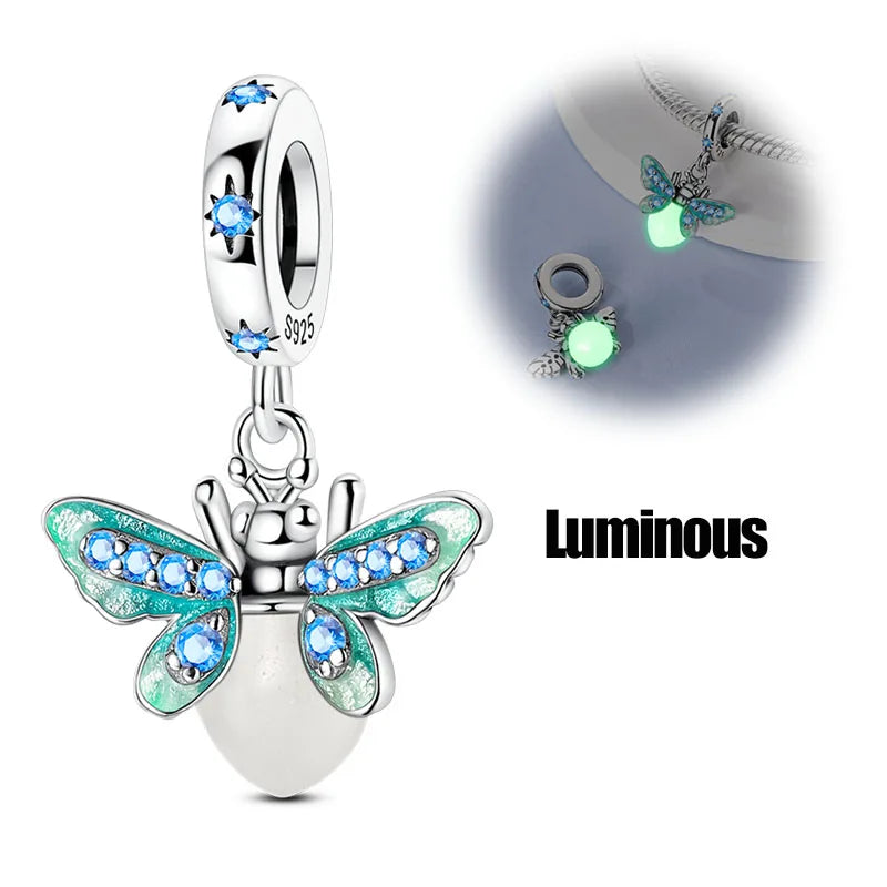 100% 925 Sterling Silver Teddy Bear, Kitten, Puppy & Elephant Luminous Firefly Charms | Sweet Beads Fit Pandora Bracelet Fine Jewelry