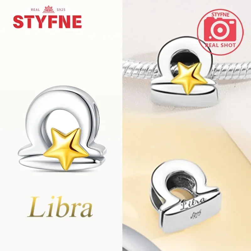 925 Silver Plated Twelve Constellations Charms Star Beads for Bracelet DIY Jewelry