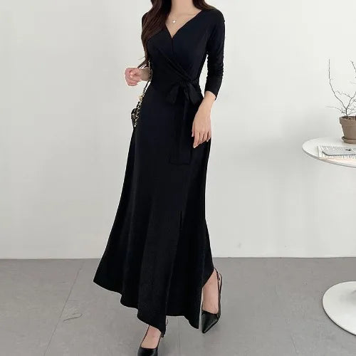 ✨ Slimming V-Neck Cross Wrap Long Dress 👗 Women's Base Layer Dress 🌸 Belted Waist Split Long Sleeve Colorful Commute Wear