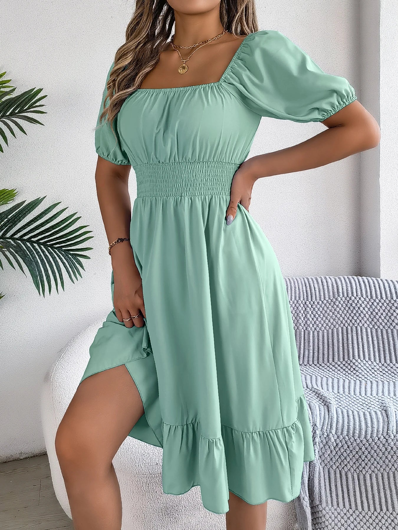 2026 Women’s Elegant High-Waisted Dress – Square Neck, Short Sleeve, Ruffled Edge Long Dress | Spring Summer Valentine’s Day