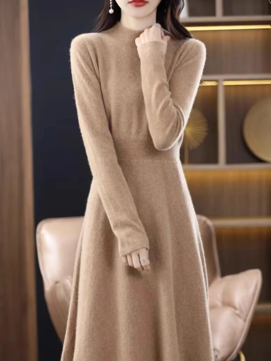 Women’s Mid-Length Knitted Wool Dress – High Collar Long Sleeve Casual Autumn Commute Dress for Ladies