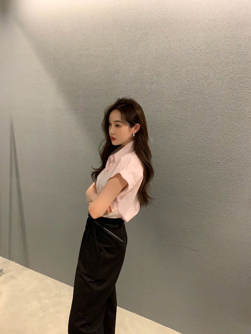 Chic Summer Loose Women’s Shirt | Classic Pure Color Professional Blouse with Small Lapel Collar