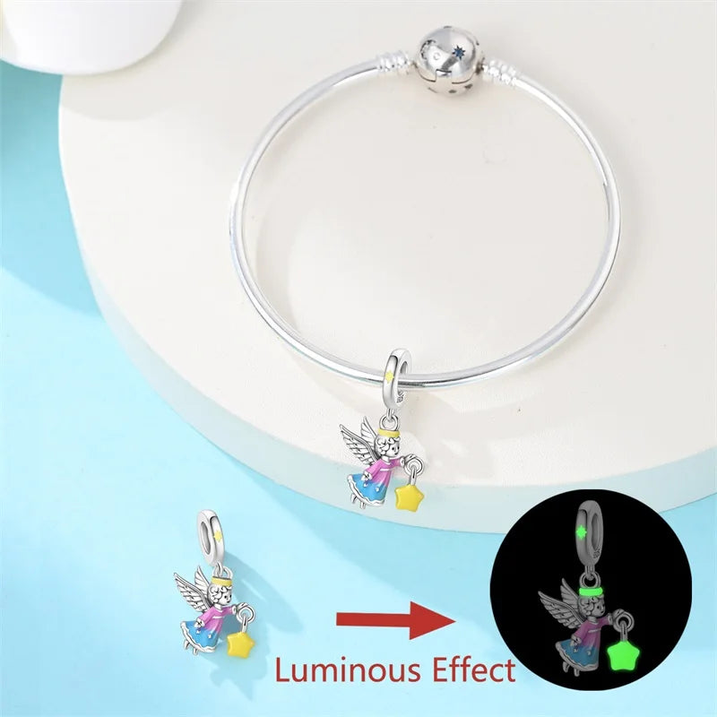 Original 925 Sterling Silver Luminous Lantern & Magic Cat Charm Bead | Glowing Angel Jungle Pendant for Bracelet Jewelry