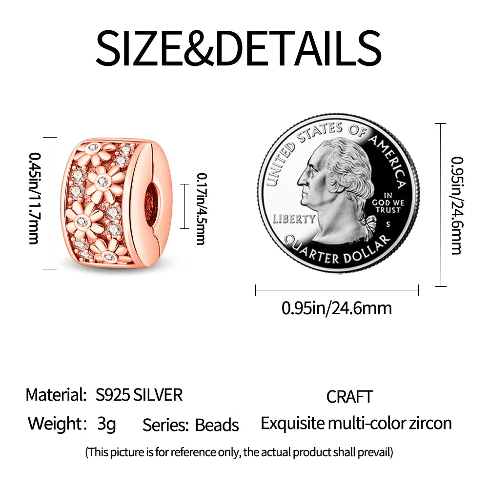 925 Sterling Silver Pave Clip Charms with Safety Chain | Colored Beads Stopper Clasp Fit Original Pandora Bracelet Jewelry