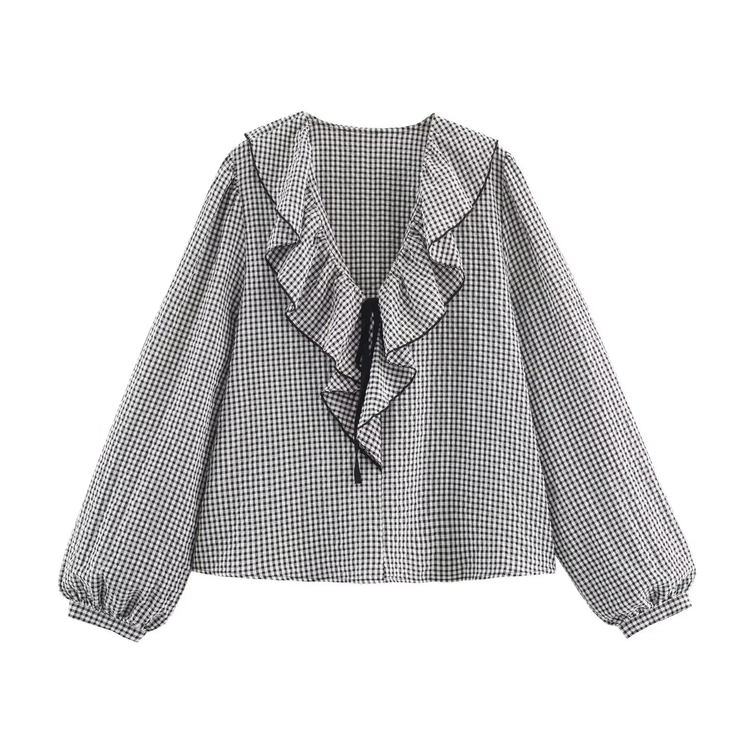 BSAY Bow Plaid Shirt Women – 2025 Fall French V-Neck Long Sleeve Ruffled Blouse 🍂👚🎀
