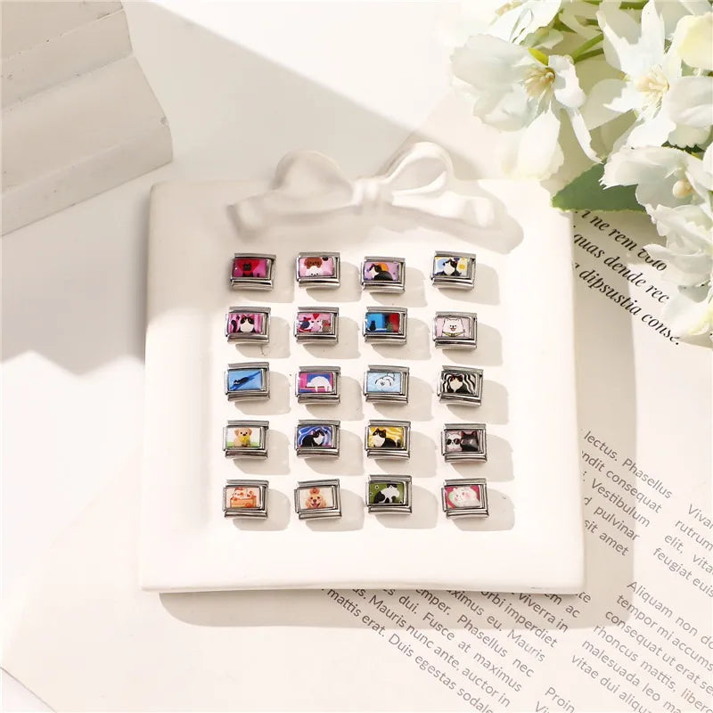 2025 Original Y2K Colorful Cute Cartoon Cats Dogs Italian Charm Links Fit 9mm Stainless Steel Bracelet Men Women DIY Making Gift