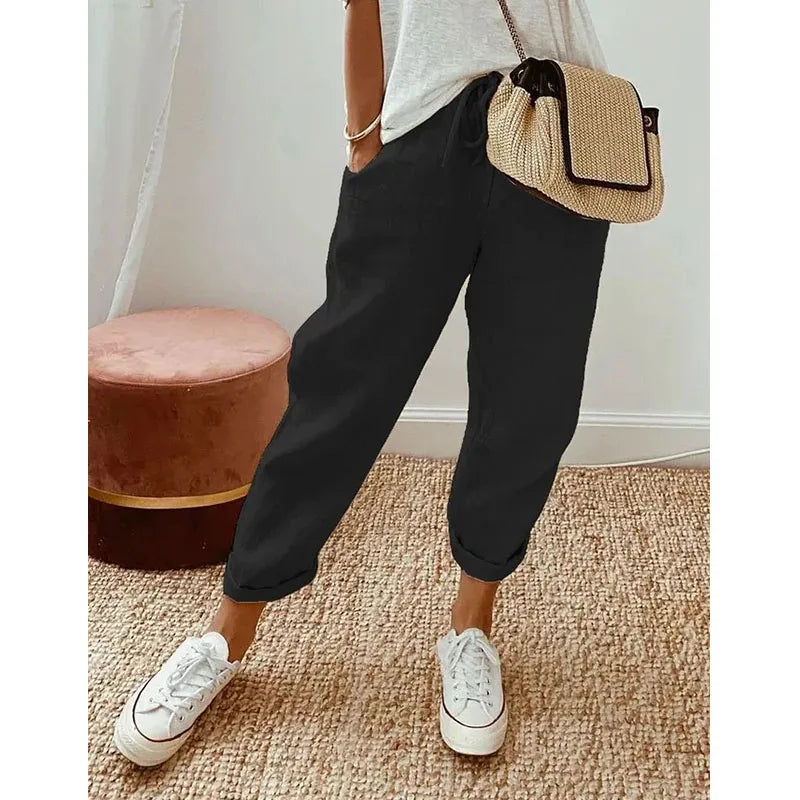 Women’s Casual Solid Color Pants – Drawstring Elastic Waist Trousers with Pockets | Lounge Fashion Straight Pants