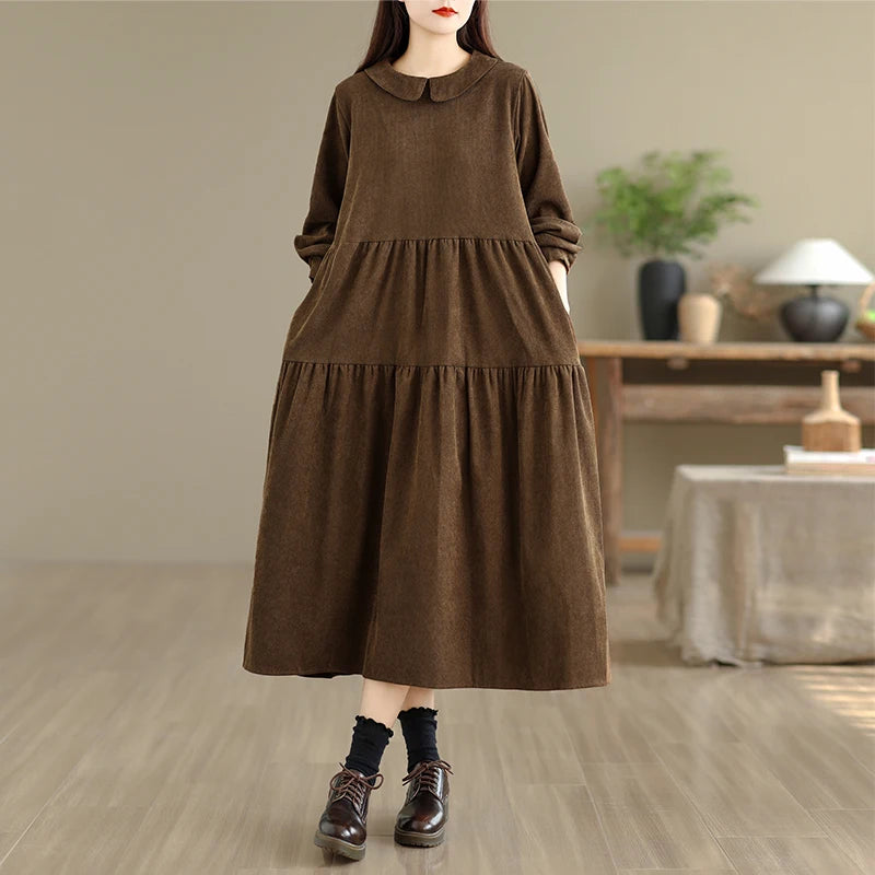 Corduroy Long Sleeve Doll Collar Dress 👗 Autumn Winter Loose A-Line Casual Midi Dress 🍂 Simple Chic Commute Dress